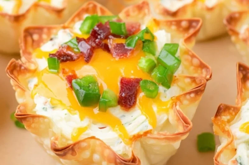 Cozy jalapeño popper wonton cups filled with creamy cheese and spicy jalapeños.