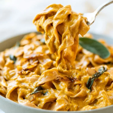 Cozy pumpkin pasta sauce in a bowl with herbs and pasta