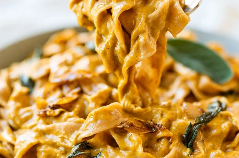 Cozy pumpkin pasta sauce in a bowl with herbs and pasta