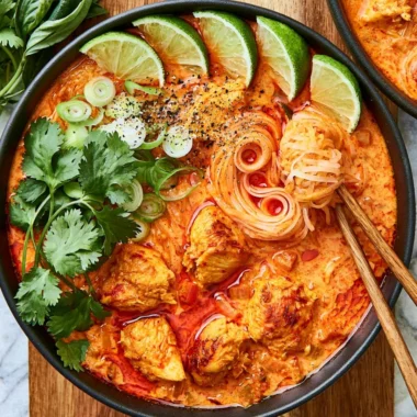 Bowl of cozy red curry noodle soup garnished with fresh herbs and vegetables.