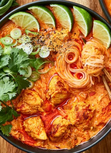 Bowl of cozy red curry noodle soup garnished with fresh herbs and vegetables.