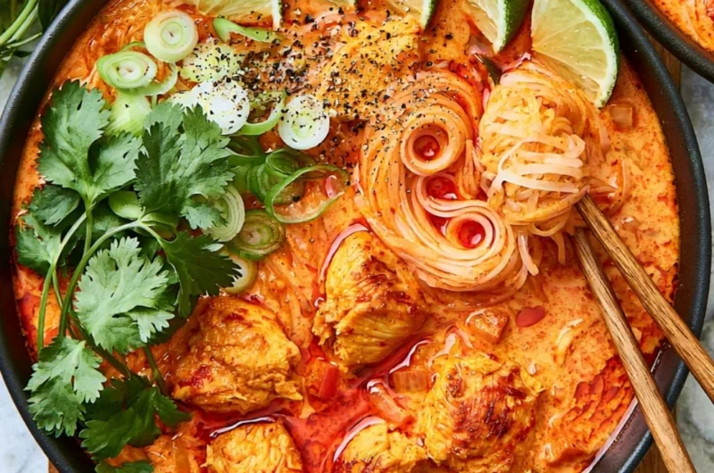 Bowl of cozy red curry noodle soup garnished with fresh herbs and vegetables.