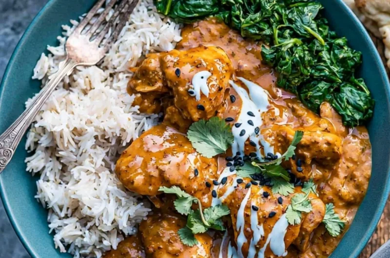 Slow cooker chicken curry served in a bowl with spices and herbs