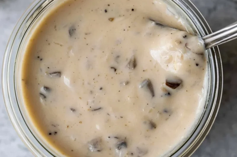 Bowl of creamy mushroom soup garnished with fresh herbs