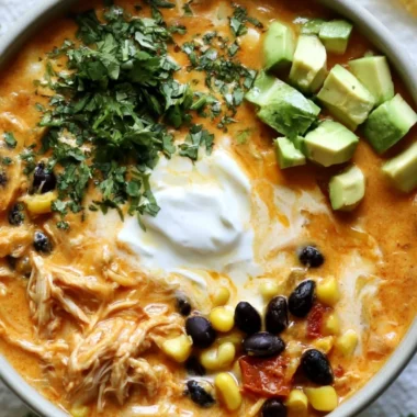 Bowl of creamy chicken enchilada soup garnished with cilantro and cheese
