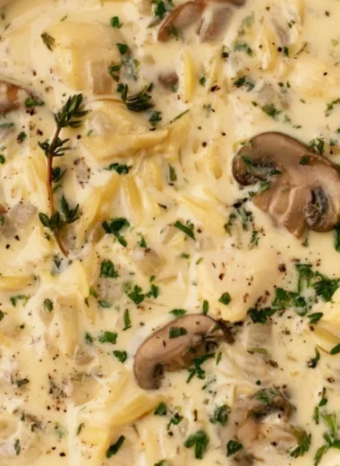Bowl of creamy chicken soup with Boursin cheese garnished with herbs