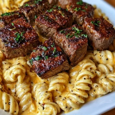 Creamy garlic butter steak bites with spicy Cajun Alfredo twisted pasta dish