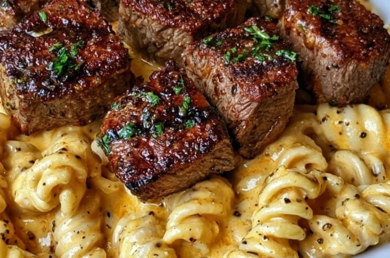 Creamy garlic butter steak bites with spicy Cajun Alfredo twisted pasta dish
