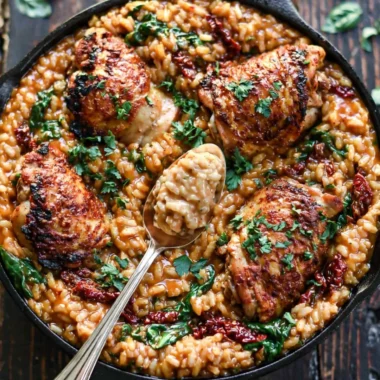 Creamy sun-dried tomato and spinach risotto served with chicken thighs