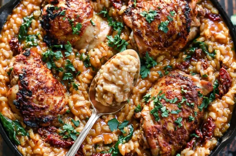Creamy sun-dried tomato and spinach risotto served with chicken thighs
