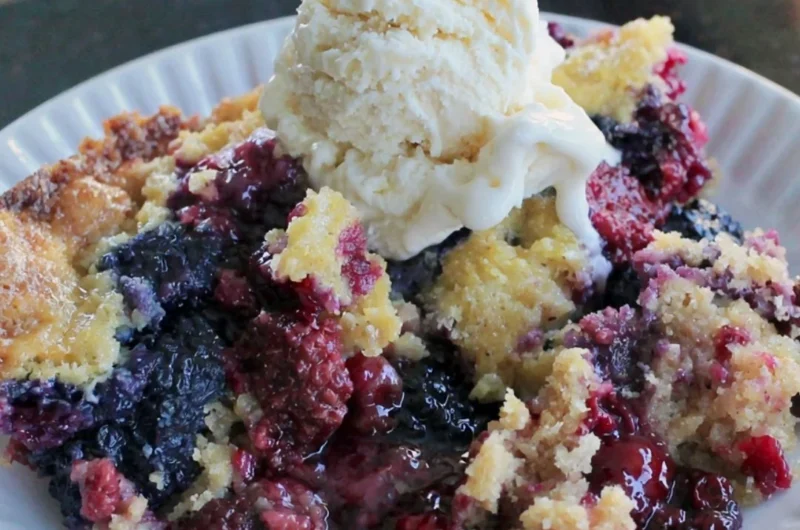 Delicious easy blackberry dump cake made with fresh berries on a table.