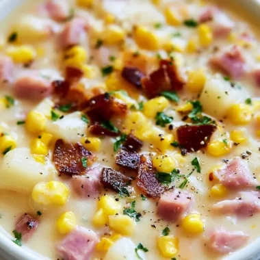 Delicious Ham and Potato Corn Chowder in a bowl, topped with fresh herbs.