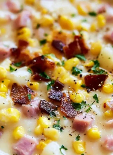 Delicious Ham and Potato Corn Chowder in a bowl, topped with fresh herbs.