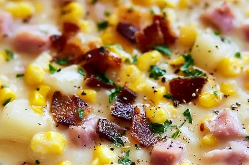 Delicious Ham and Potato Corn Chowder in a bowl, topped with fresh herbs.