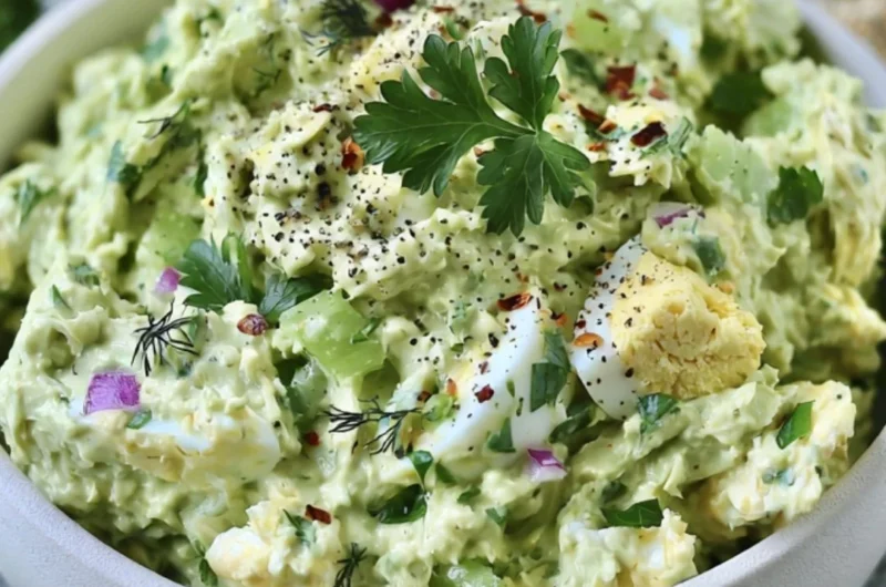 Herby avocado egg salad in a bowl, perfect for a quick lunch option.