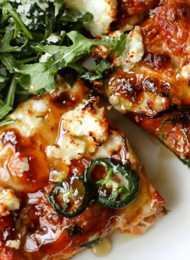 Hot Honey and Goat Cheese Pepperoni Pizza slice on a wooden board