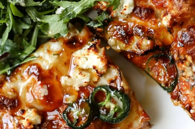 Hot Honey and Goat Cheese Pepperoni Pizza slice on a wooden board