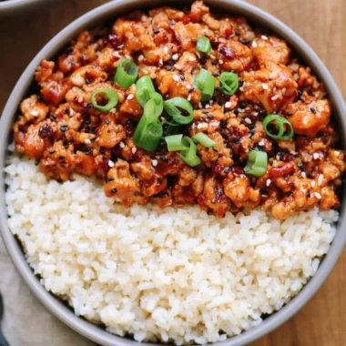 Delicious Low Carb Firecracker Ground Chicken served with vegetables