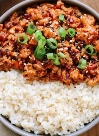 Delicious Low Carb Firecracker Ground Chicken served with vegetables