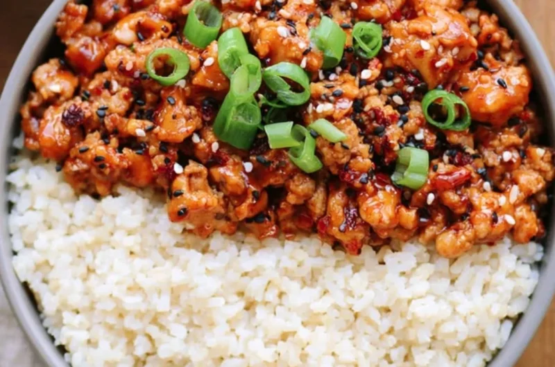Delicious Low Carb Firecracker Ground Chicken served with vegetables