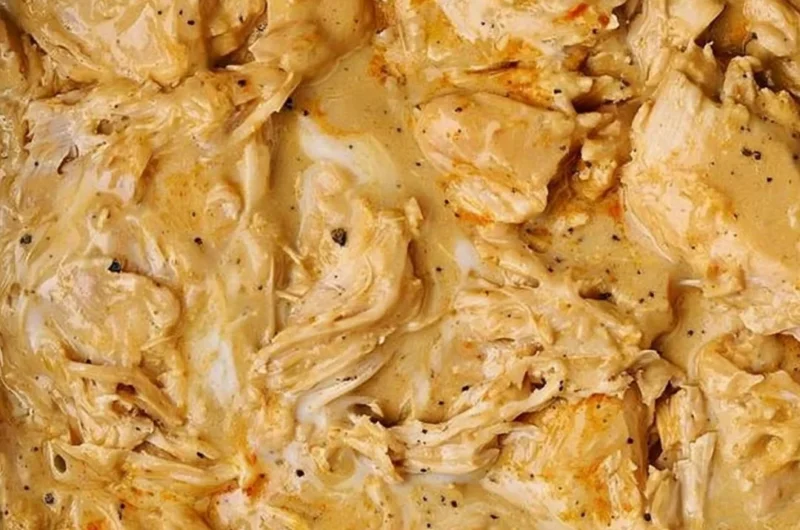 Low cooker chicken breasts served with rich gravy on a plate.