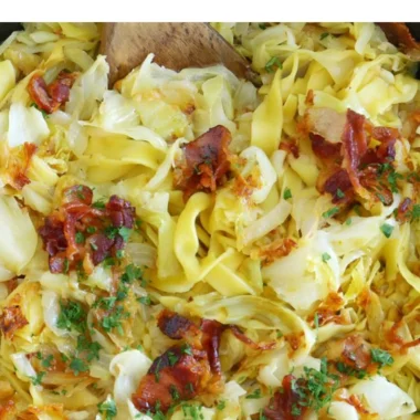 A plate of Polish Haluski with noodles, cabbage, and onions