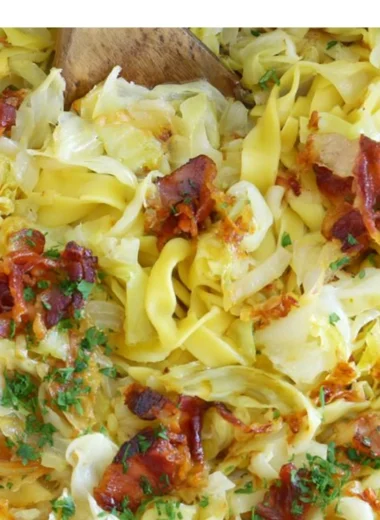 A plate of Polish Haluski with noodles, cabbage, and onions