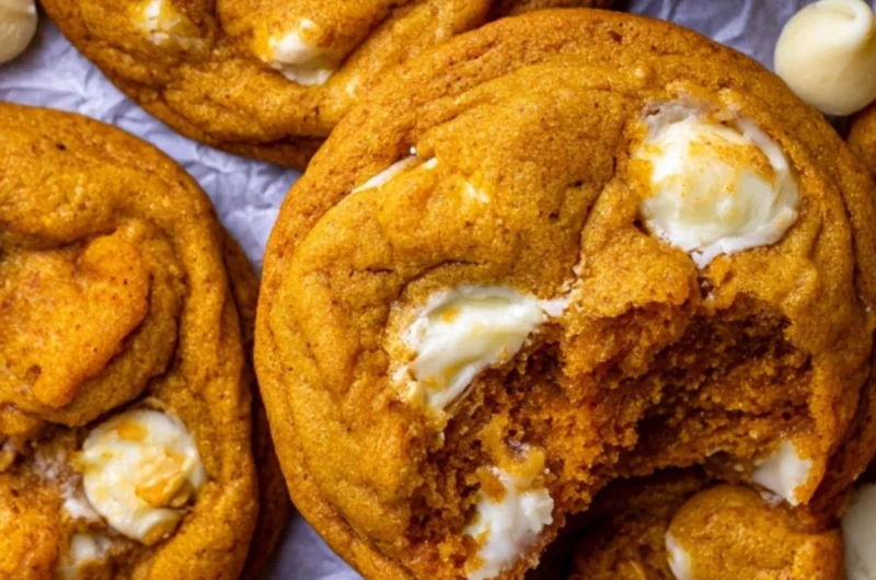 Freshly baked pumpkin white chocolate chip cookies on a rustic wooden table