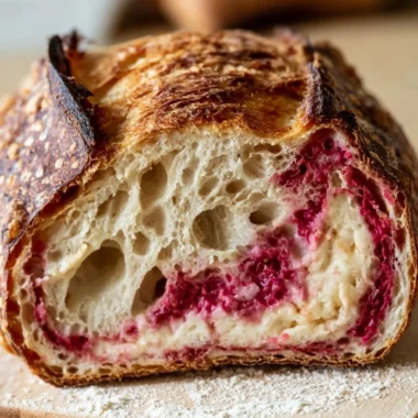Delicious Raspberry Cheesecake Sourdough Bread slice topped with creamy filling