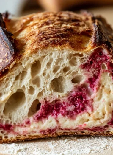 Delicious Raspberry Cheesecake Sourdough Bread slice topped with creamy filling
