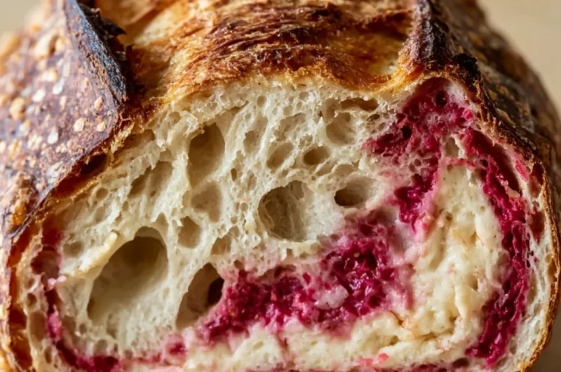 Delicious Raspberry Cheesecake Sourdough Bread slice topped with creamy filling