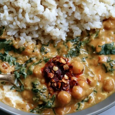Bowl of Steph's chickpea curry with spinach served over rice