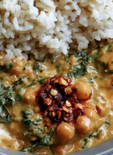 Bowl of Steph's chickpea curry with spinach served over rice