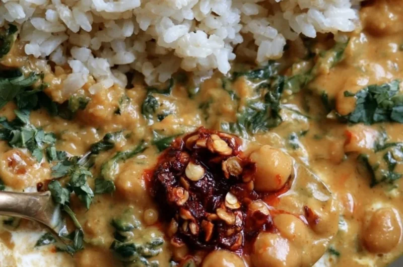 Bowl of Steph's chickpea curry with spinach served over rice