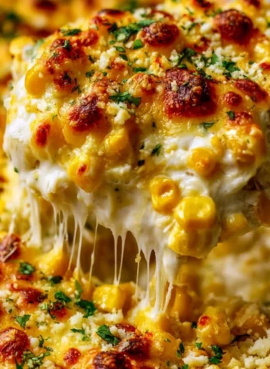Delicious Street Corn Chicken Casserole with chicken and corn toppings