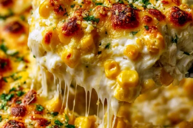 Delicious Street Corn Chicken Casserole with chicken and corn toppings