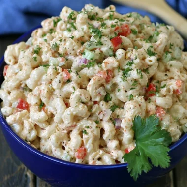 Creamy macaroni salad served in a bowl, garnished with herbs and vegetables