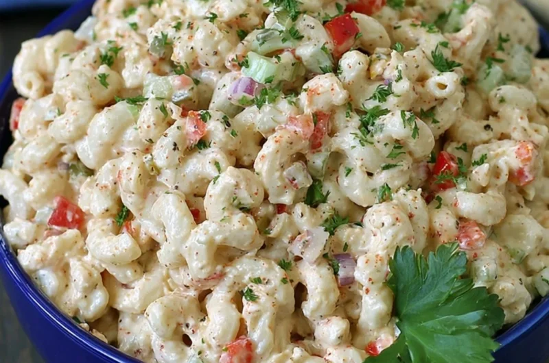 Creamy macaroni salad served in a bowl, garnished with herbs and vegetables