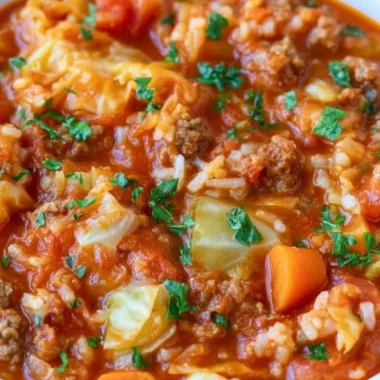 Delicious unstuffed cabbage roll soup in a bowl with fresh herbs