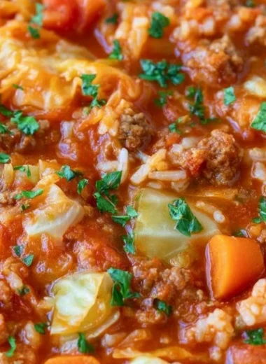 Delicious unstuffed cabbage roll soup in a bowl with fresh herbs