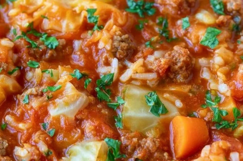 Delicious unstuffed cabbage roll soup in a bowl with fresh herbs