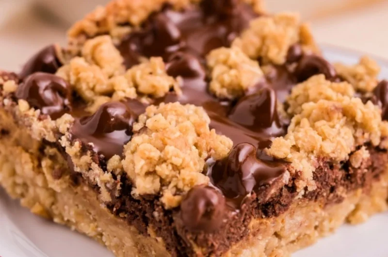 Cozy chocolate peanut butter oatmeal bars on a wooden table