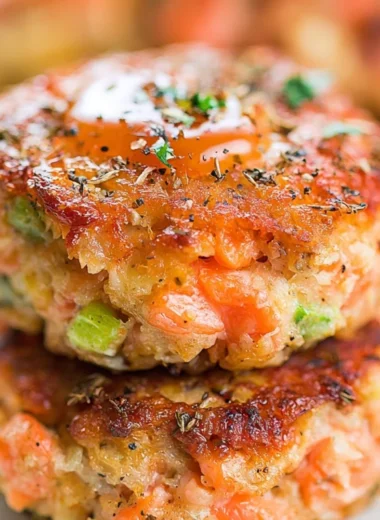 Cozy crispy salmon cakes drizzled with honey sriracha sauce.