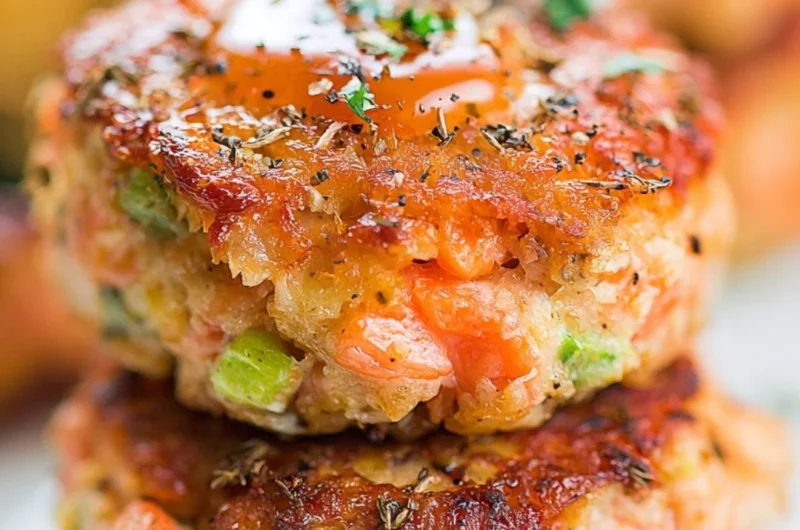 Cozy crispy salmon cakes drizzled with honey sriracha sauce.