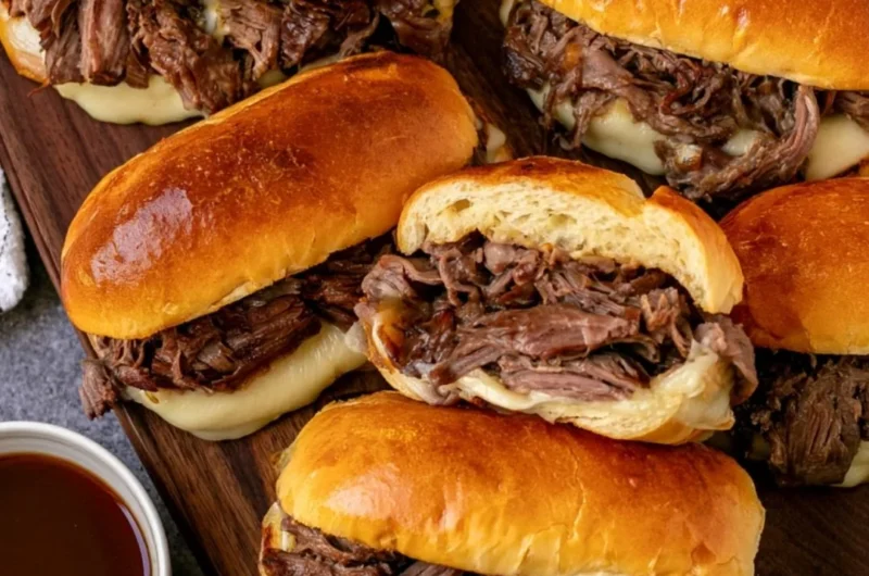 Cozy Crockpot French dip sandwiches served with au jus for dipping