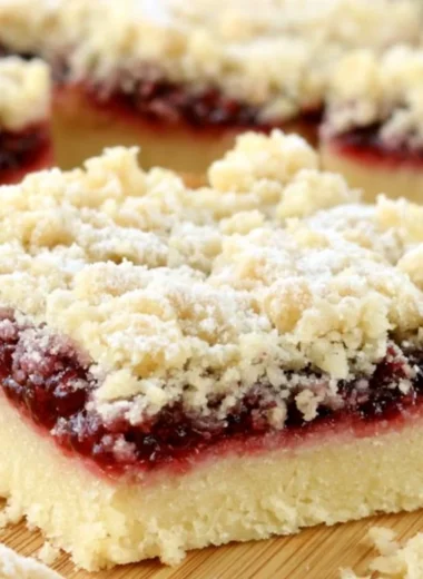 Cozy raspberry shortbread bars topped with fresh raspberries.