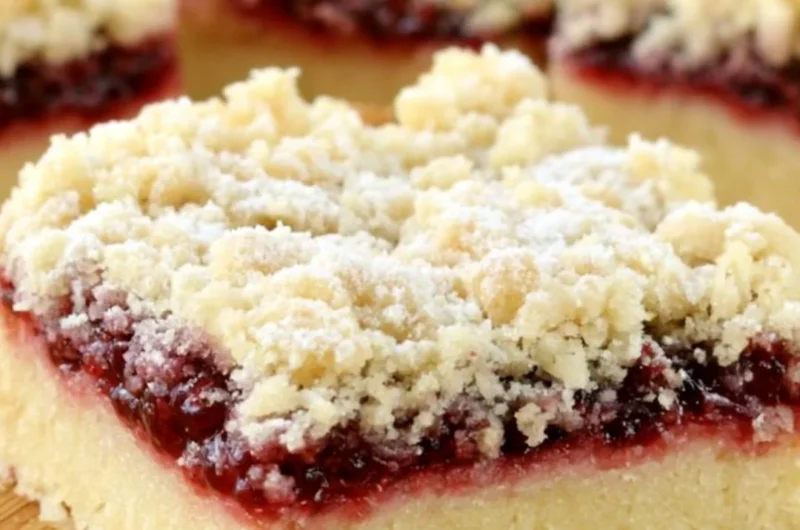 Cozy raspberry shortbread bars topped with fresh raspberries and buttery crust