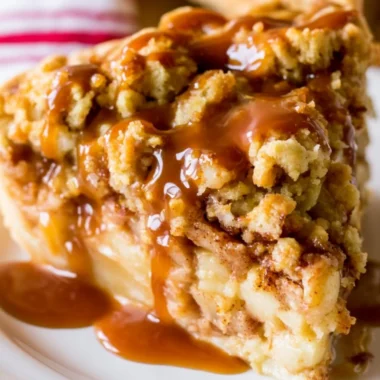 Dutch Caramel Apple Pie with caramel drizzle and apple slices on a wooden table.