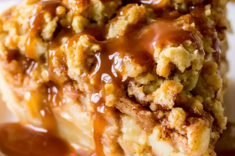 Dutch Caramel Apple Pie with caramel drizzle and apple slices on a wooden table.