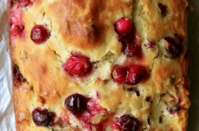 Loaf of Mom's delicious homemade cranberry walnut bread with nuts and berries.